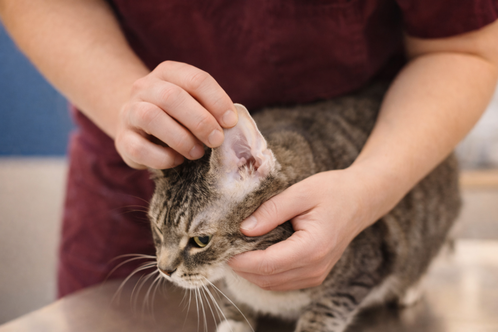 Cat receiving an ear exam as part of a veterinary wellness visit at Arnold Veterinary Hospital in Arnold, MD